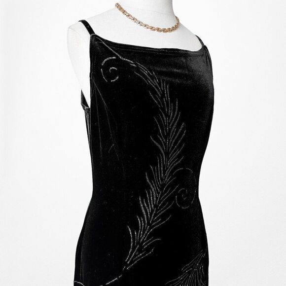 Vintage Black Knit Floral Plant Glitter Maxi Bodycon Formal Prom Dress Size M/L - Picture 6 of 7